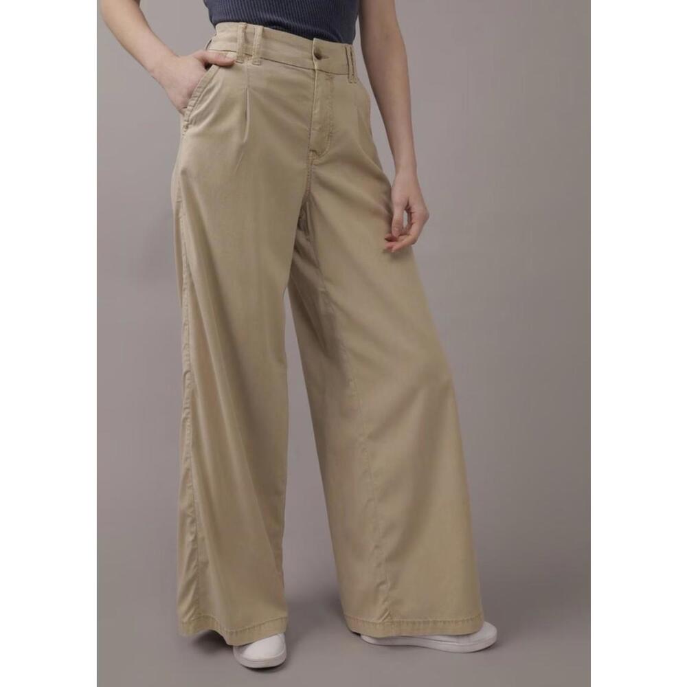 American Eagle Wide Leg High Rise Khaki Trouser Pants, Women's 14 R